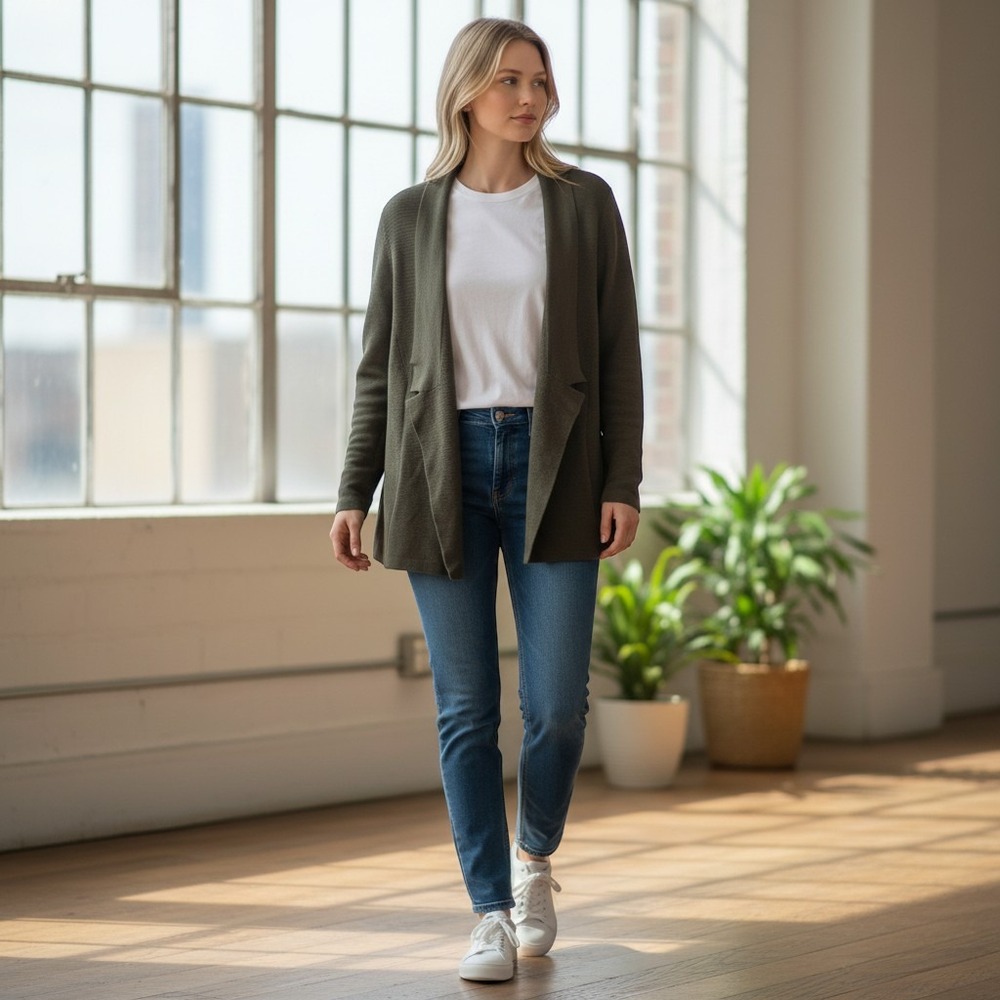 Eileen Fisher Olive Green Open-Front Long Cardigan